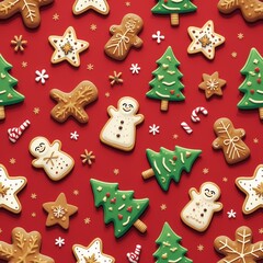 Christmas cookies wrapping paper featuring gingerbread, trees, and festive decorations