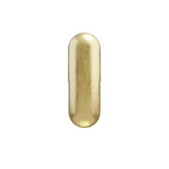 Gold pill capsule isolated on transparent background. 3d render. Metallic capsule. PNG. Tablets, medicine concept. 3D rendering.  Pills. Health
