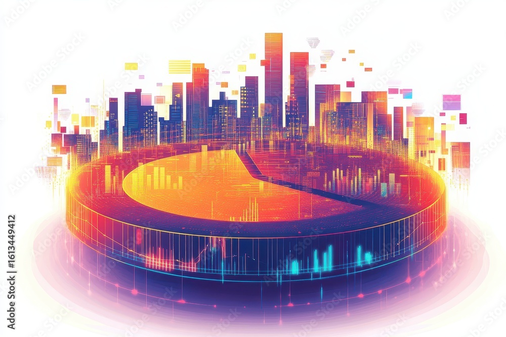 Poster colorful data visualization with pie chart and cityscape background