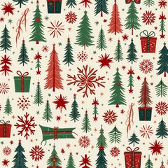 Colorful Christmas wrapping paper with trees, stars, and presents for festive gift-giving moments