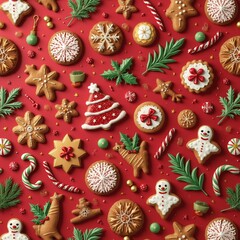 Christmas wrapping paper design featuring festive decorations and sweet treats