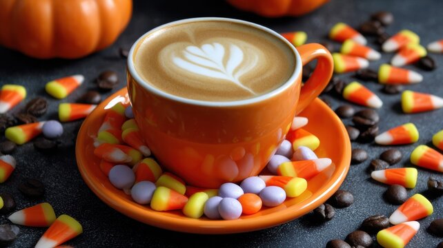 halloweencoffee pumpkin esspresso. Warm coffee topped with latte art, surrounded by colorful candy and pumpkins.