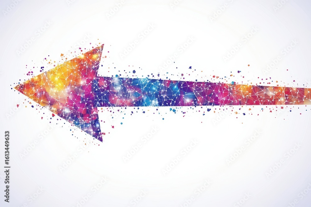 Poster colorful arrow shape created with glowing stars and dots background