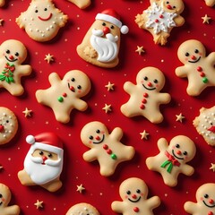 Delightful Christmas cookies with festive designs on vibrant red wrapping paper