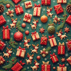 Festive Christmas wrapping paper with gifts, reindeer, and ornaments on a bright background