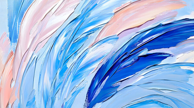 Abstract painting with vibrant colors.  A mix of blues, pinks, and whites, in thick, textured brushstrokes.  The colors blend and flow together in a dynamic style