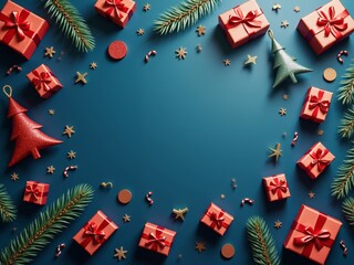 Colorful new year celebration background with festive decorations and gift boxes