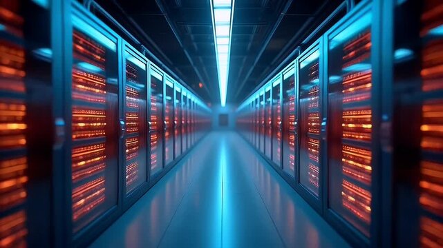 continuous 3D render 4K camera flying through futuristic data center endless rows servers flickering lights digital motion perfect tech cloud storage cybersecurity - Powered by Adobe