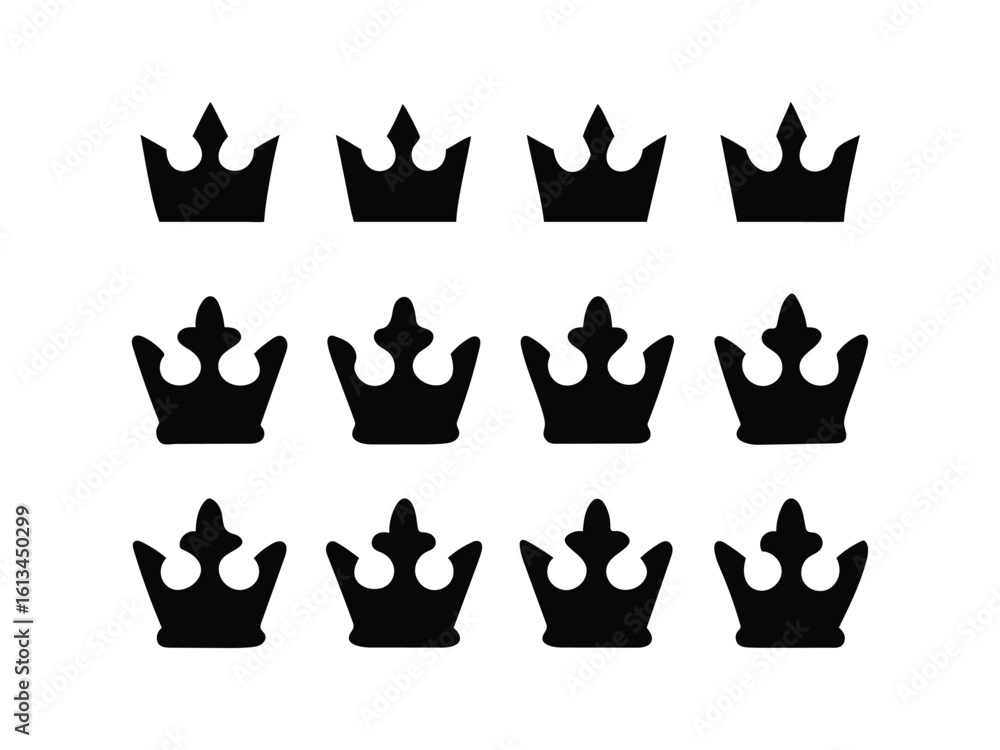 Poster a collection of twelve identical black royal crowns arranged in three rows on a white background