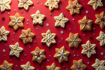 Festive new year cookies with vibrant designs on a bold red background