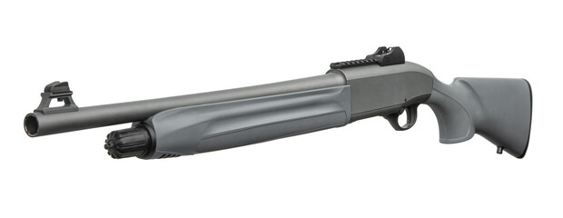 Tactical gray shotgun featuring polymer stock and rail system, laid out horizontally against a white back