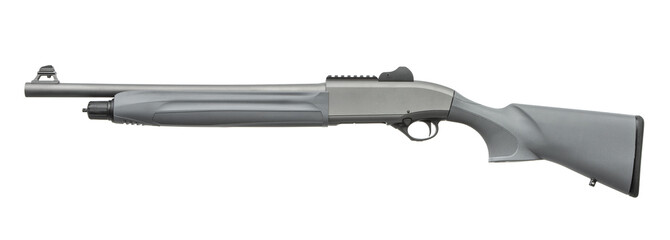 Tactical gray shotgun featuring polymer stock and rail system, laid out horizontally against a...