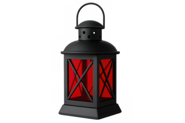Black metal lantern featuring red glass panels, 3d rendered with warm glowing light, casting atmospheric illumination against transparent background
