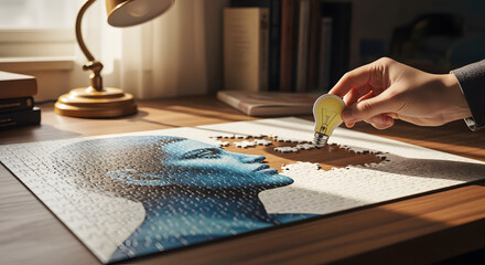 Person Hand Holding Light Bulb Over Puzzle of Earth with Wooden Desk and Books