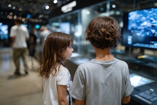 Two children examine interactive exhibits in a modern museum environment, illustrating their budding interest in technology, innovation, and the exploration of knowledge.