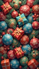 Colorful Christmas wrapping paper decorated with ornaments and gifts