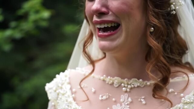Emotional bride with tears of joy during outdoor wedding ceremony surrounded by lush greenery