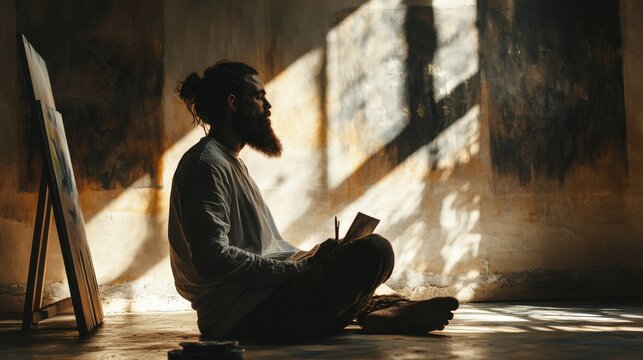 Contemplative artist sketching bathed in sunlit shadows, creative workspace - Powered by Adobe