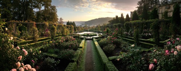 Formal rose garden with meticulously trimmed hedges