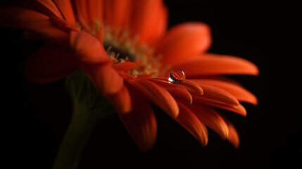 An extreme close-up of an orange flower petal with a water droplet, revealing delicate refractive details.