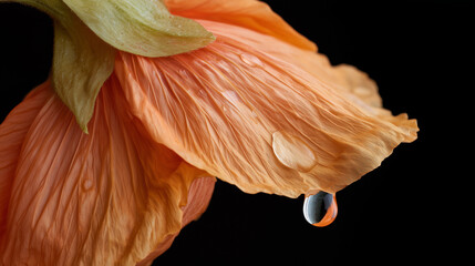 An extreme close-up of an orange flower petal with a water droplet, revealing delicate refractive details.