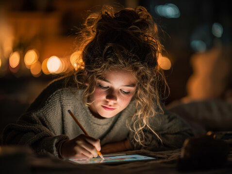 Creative teenager drawing on tablet while lying on floor in cozy evening light - Powered by Adobe