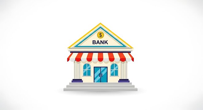 A cartoon bank building with stairs, red and white awning, and a dollar sign on the roof peak