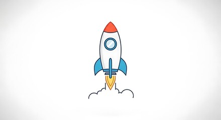 Cartoon rocket ship with red nose and blue fins launching with smoke on a white background