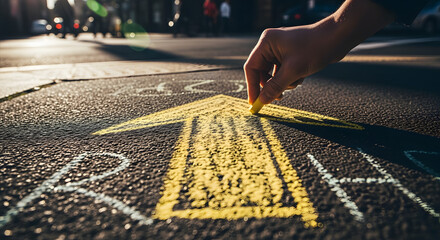 Person Drawing Yellow Arrow on Asphalt Road in Urban Environment During Sunset