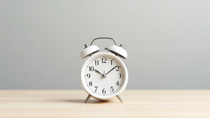 A white alarm clock shows the time as 10:10, placed on a light colored wooden surface against a gray background.