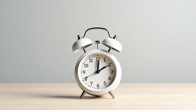 A white alarm clock shows the time as 12:10, placed on a light colored wooden surface against a gray background.