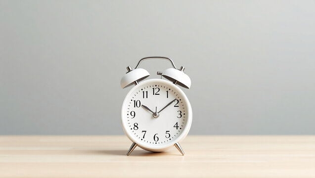 A white alarm clock shows the time as 10:10, placed on a light colored wooden surface against a gray background. - Powered by Adobe