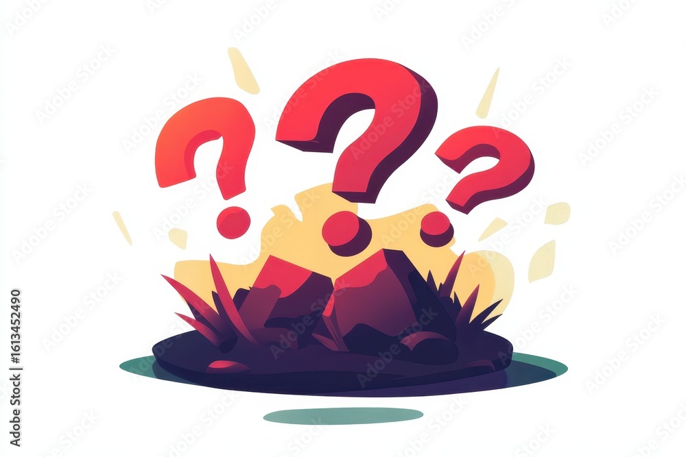 Poster colorful question marks emerging from rocks on abstract background