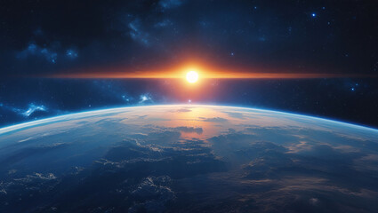 Earth from space, with the sun rising above the horizon and stars/nebulas in the dark sky.