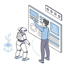 Search concept. Character using artificial intelligence generative tools for searching or browsing internet. Man integrating with robot. SEO concept