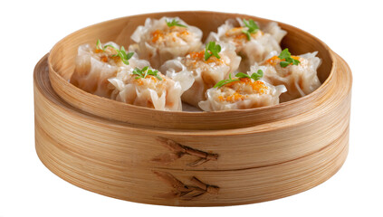 Traditional steamed shumai dumplings with shrimp and pork served in an authentic bamboo steamer basket.