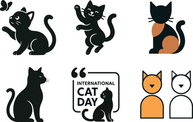 Happy cat day. Cat silhouette vector art and illustration.