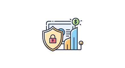 Illustration of a shield with a lock in front of a computer screen and a dollar sign icon