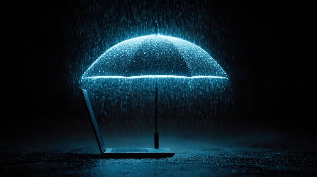 Glowing umbrella over a laptop in a dark environment with rain falling during a nighttime setting