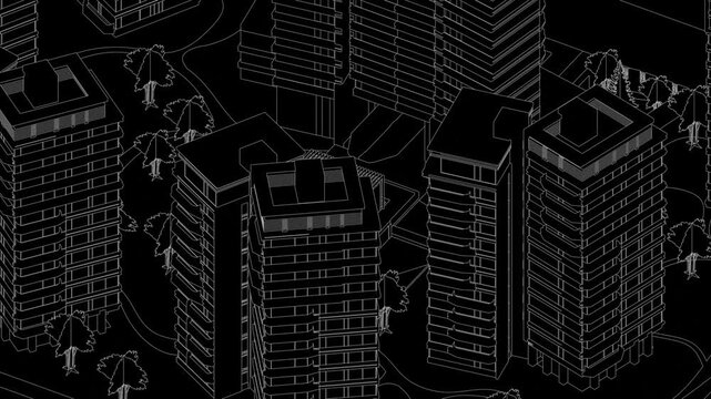 Animation of a Generic Apartment Building Complex, Seamless Looped Animation, linework, black