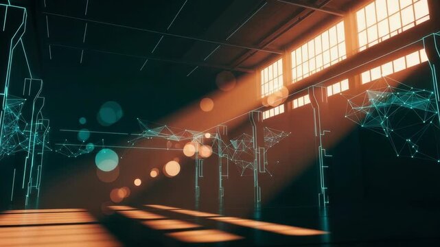 A futuristic indoor space illuminated by beams of sunlight streaming through large windows showcasing abstract digital patterns and a serene atmosphere ideal for technology-themed projects