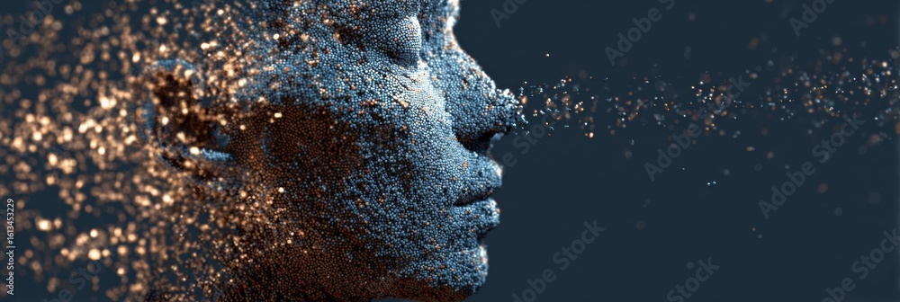 Poster head dissolving into glowing particles of information, revealing a digital transformation in abstrac