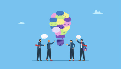 Business people discuss with lightbulb speech bubble. Effective communication, meeting discussion or conversation solution, speak or telling intelligence information, team opinion new idea.