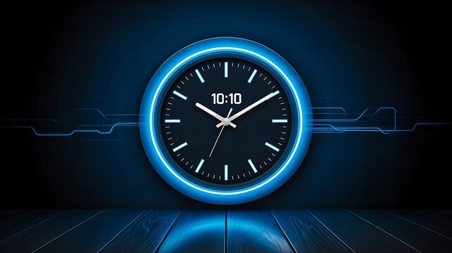 Glowing futuristic wall clock with blue neon light and digital tech background


