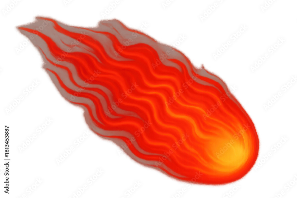 Poster luminous meteor blazing through dark space, trailing fiery red-orange plasma against stark celestial