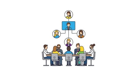 Illustration of a company hierarchy with a board meeting at the bottom of the structure