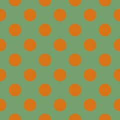 A pattern with evenly spaced orange dots is set against a muted green background. The design creates a vibrant contrast between the bright circles and the subtle backdrop.