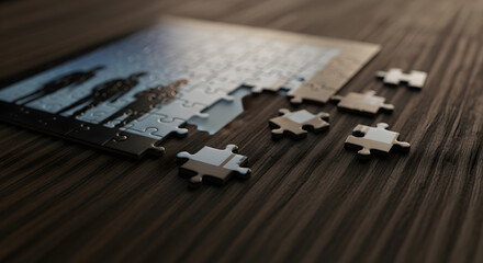 Puzzle Pieces on Wooden Surface with Partially Completed Jigsaw Image