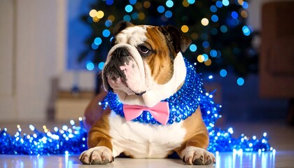 Bulldog adorned with Christmas lights