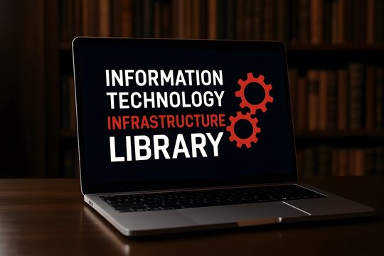 Laptop screen displays information technology infrastructure library itil concept with gears
